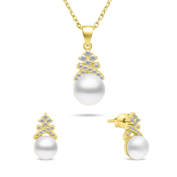 Pôvabný pozlátený set šperkov s perlami SET238Y (náušnice, náhrdelník)