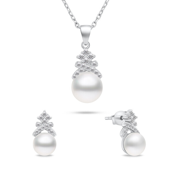 Pôvabný strieborný set šperkov s perlami SET238W (náušnice, náhrdelník)