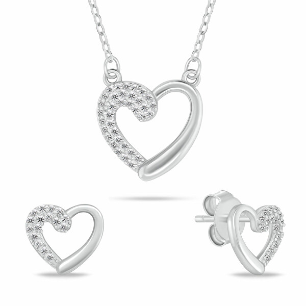 Splendido set di gioielli in argento Cuori con zirconi SET259W (collana, orecchini)