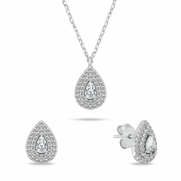 Stříbrný set šperků se zirkony Tear Drop SET284W (náhrdelník, náušnice)