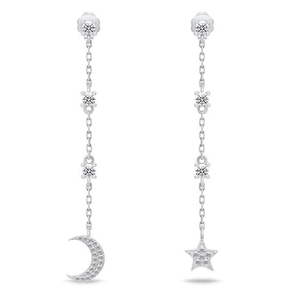Lange silberne Ohrringe Mond und Stern mit Zirkonen EA832W