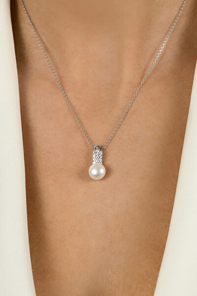 Elegante pendente in argento con perla autentica e zirconi PT94R