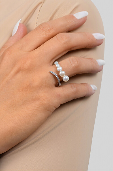 Elegantný otvorený prsteň s perlami RI098W