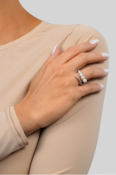 Elegantní otevřený prsten s perlami RI098W