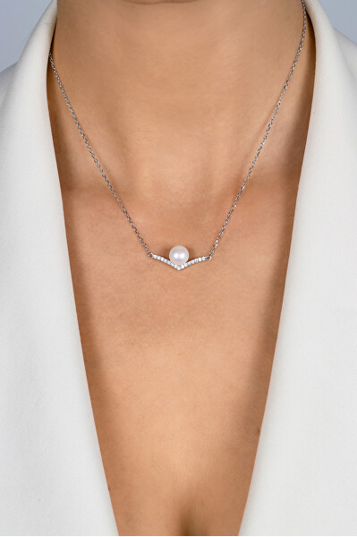 Elegáns ezüst nyaklánc gyöngyökkel és cirkónium kövekkel NCL131W