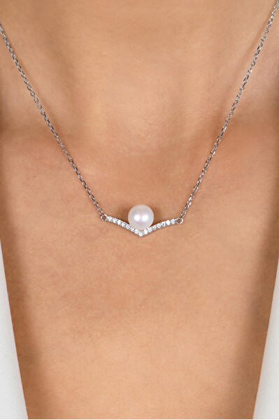 Elegantný strieborný náhrdelník s perlou a zirkónmi NCL131W
