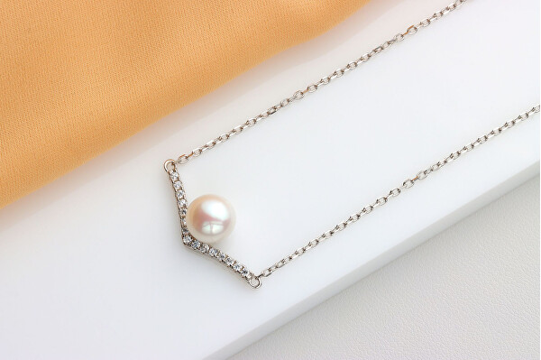 Elegantný strieborný náhrdelník s perlou a zirkónmi NCL131W