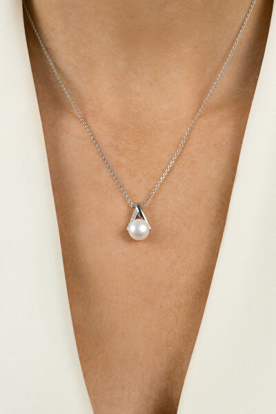 Elegantní stříbrný přívěsek s pravou perlou a zirkony PT101W