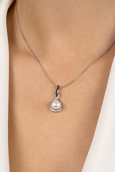 Elegantní stříbrný přívěsek s pravou perlou a zirkony PT123W