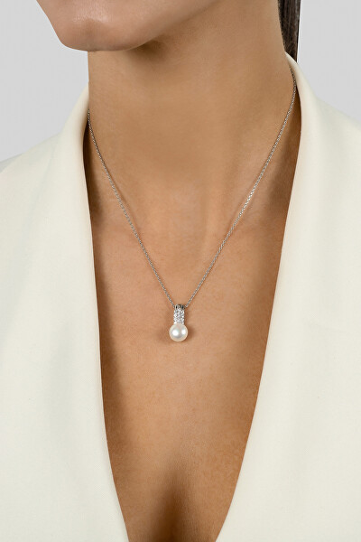 Elegantní stříbrný přívěsek s pravou perlou a zirkony PT94W
