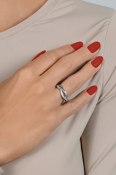SLEVA - Elegantní stříbrný prsten se zirkony a syntetickým opálem RI126WLB