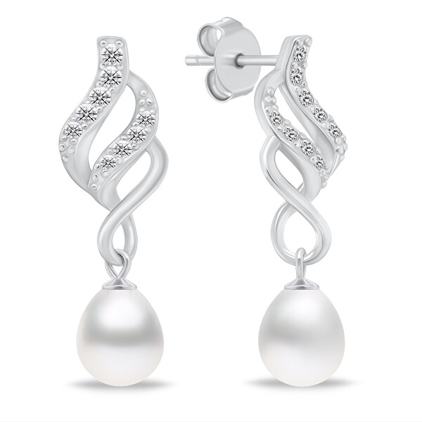 Elegante set di gioielli in argento con zirconi e perle SET267W (orecchini, collana)