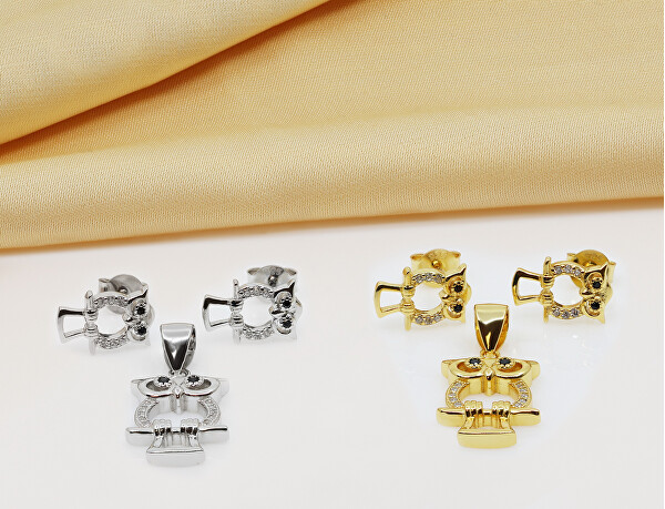 Hravý pozlátený set šperkov so zirkónmi Sova SET224Y (prívesok, náušnice)