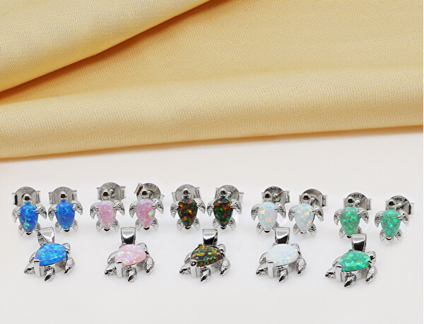 Hravý strieborný set šperkov s opálmi Korytnačka SET235WG (náušnice, prívesok)