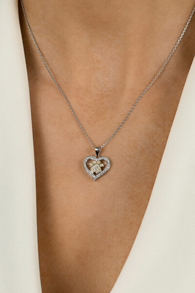 Pandantiv frumos bicolor cu pietre de zircon Inimă cu lăbuță PT107WY