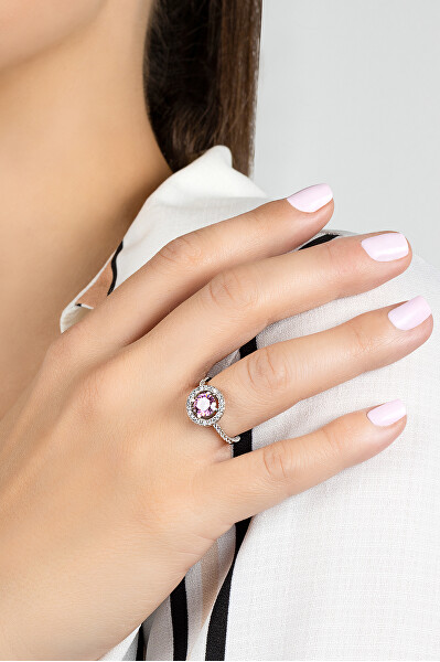 Luxusný strieborný prsteň s ružovým zirkónom RI033W