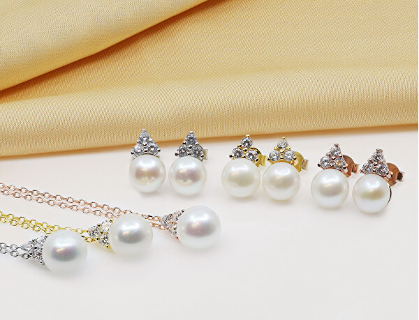 Nadčasová pozlacená sada šperků s pravými perlami SET228Y (náušnice, náhrdelník)