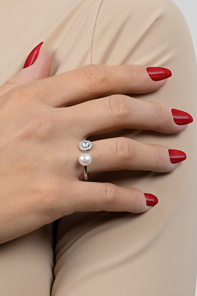 Gyönyörű aranyozott gyűrű valódi gyönggyel és cirkónium kövekkel RI062Y