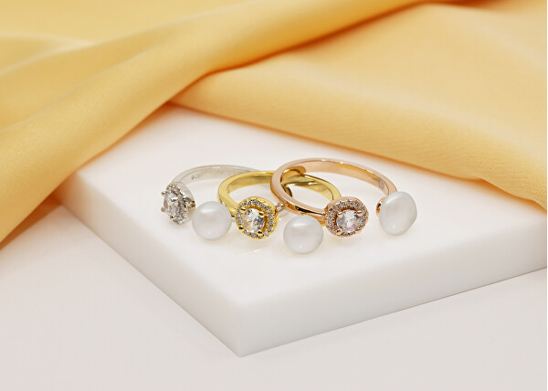 Elegantní stříbrný prsten s pravou perlou a zirkony RI062W