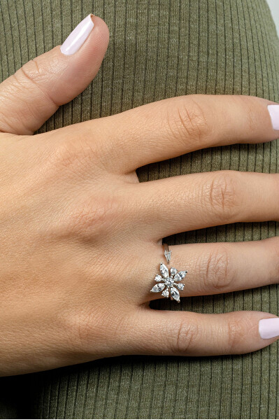 Něžný stříbrný otevřený prsten Květina RI039W