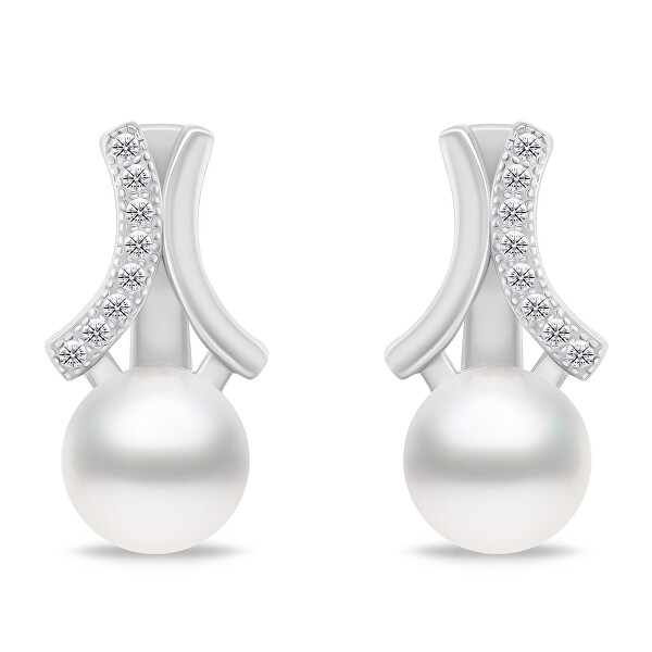 Pôvabné strieborné náušnice s perlou a zirkónmi EA763W