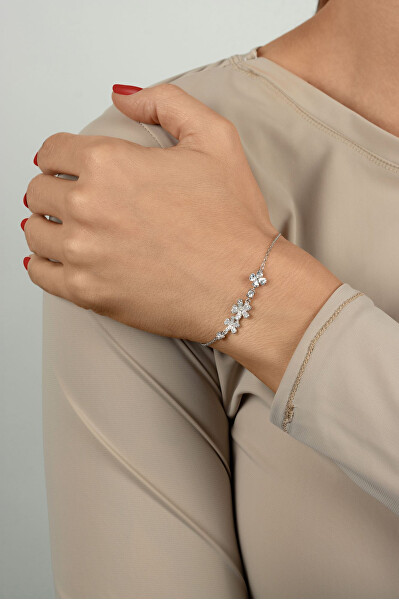Půvabný stříbrný náramek se zirkony Květiny a čtyřlístek BRC244W