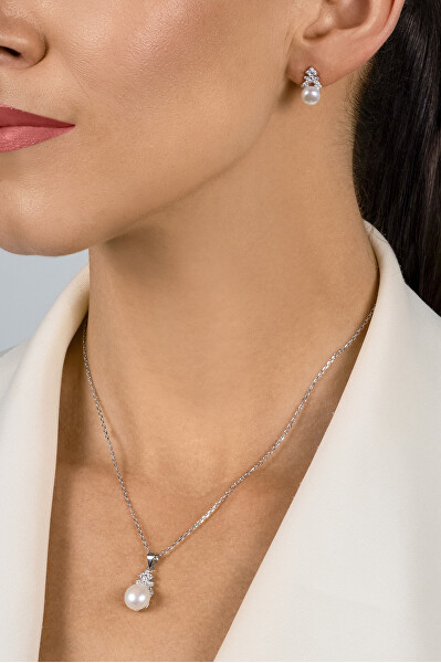 Půvabný stříbrný set šperků s perlami SET238W (náušnice, náhrdelník)