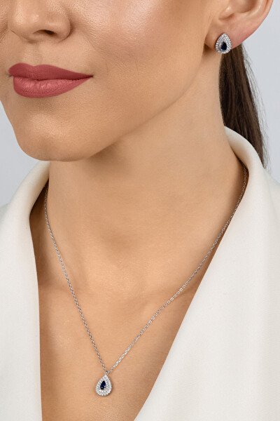 Set šperků s tmavě modrými zirkony Tear Drop SET284WB (náhrdelník, náušnice)