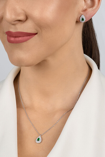 Set šperků se zelenými zirkony Tear Drop SET284WG (náhrdelník, náušnice)