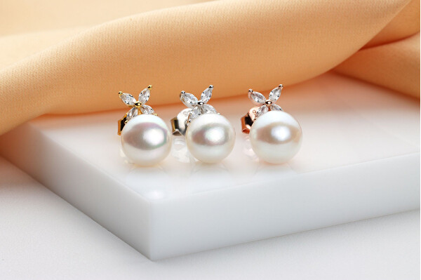 Slušivé stříbrné náušnice s perlami a zirkony EA971W