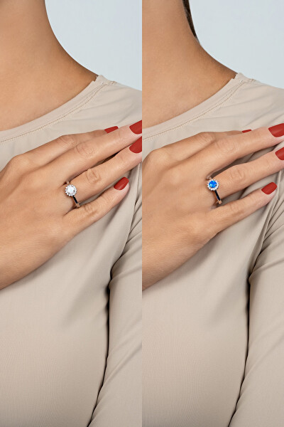 Strieborný prsteň s modrým syntetickým opálom a zirkónmi RI110WB