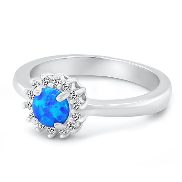 Stříbrný prsten s modrým syntetickým opálem a zirkony RI110WB