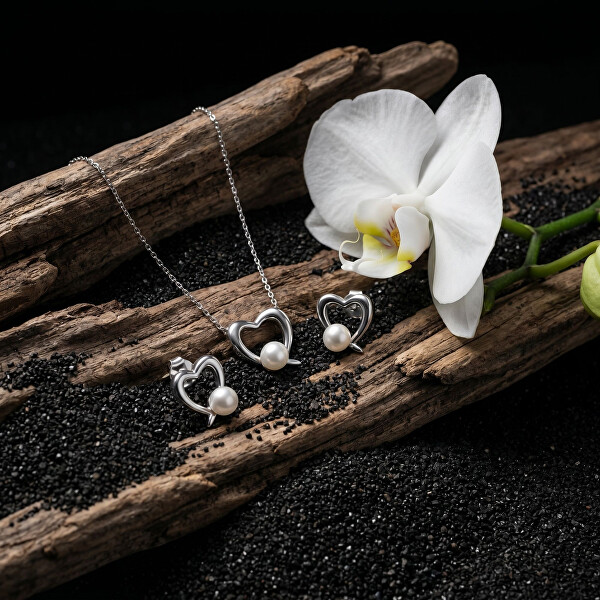 Strieborný set šperkov Srdce s pravými perlami SET234W (náhrdelník, náušnice)