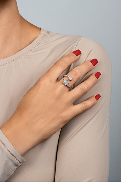Třpytivý stříbrný otevřený prsten se zirkony RI076W