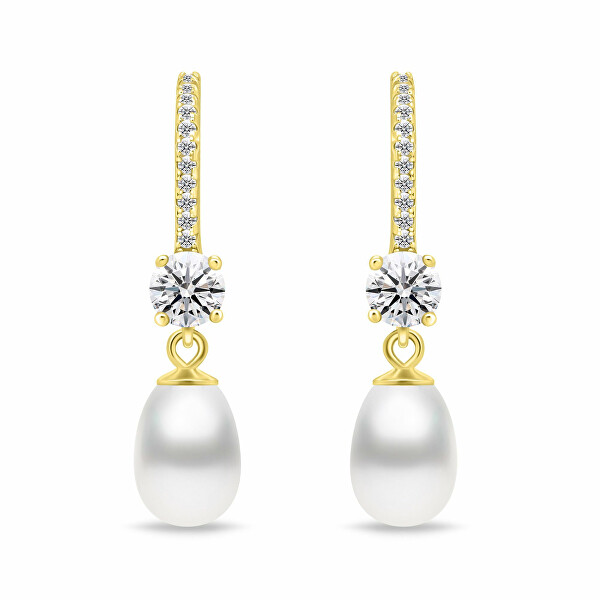 Visací pozlacené náušnice se zirkony a perlou EA634Y