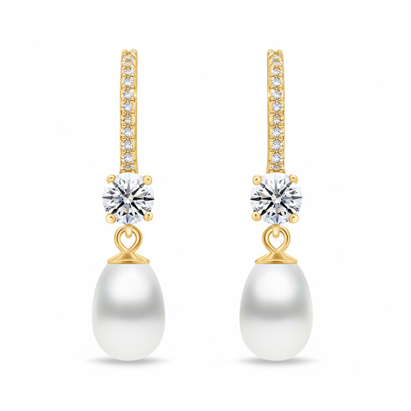 Visací pozlacené náušnice se zirkony a perlou EA634Y