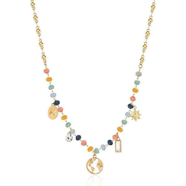 Schicke vergoldete Halskette mit Perlen und Anhängern Chakra BHKN083