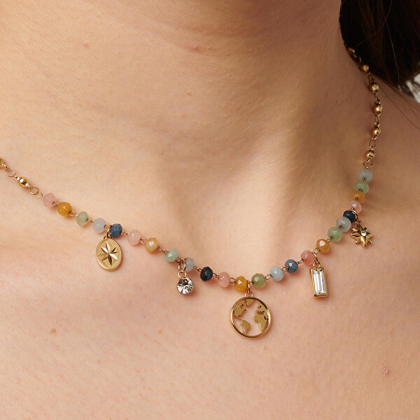 Schicke vergoldete Halskette mit Perlen und Anhängern Chakra BHKN083