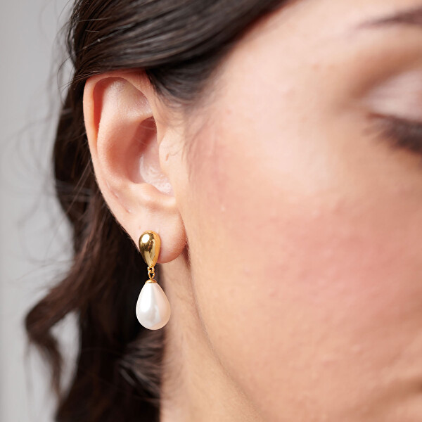 Visací pozlacené náušnice se syntetickou perlou Perfect BPC75