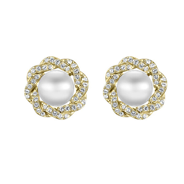 Luxusní pozlacené náušnice s krystaly a perlou Rich pearl 42310.G