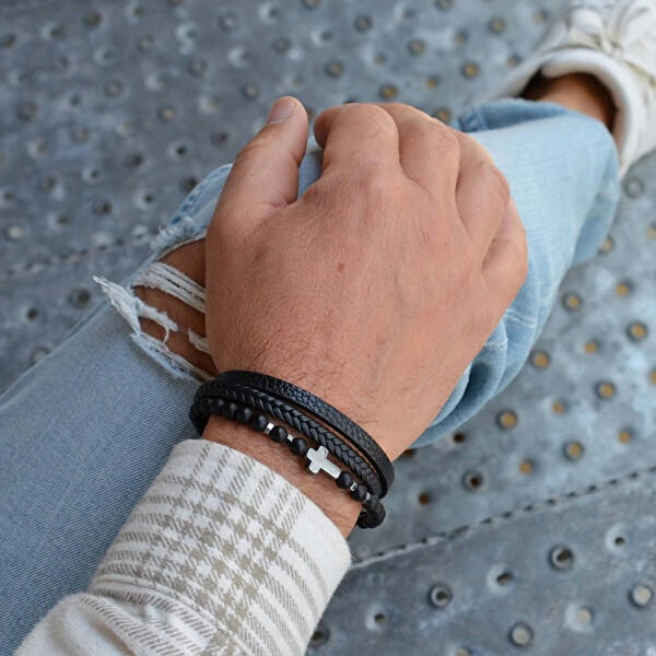 Elegantní koženkový náramek s korálky 43044.3 černý