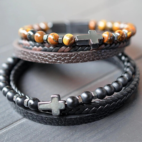 Elegantní koženkový náramek s korálky 43044.3 černý