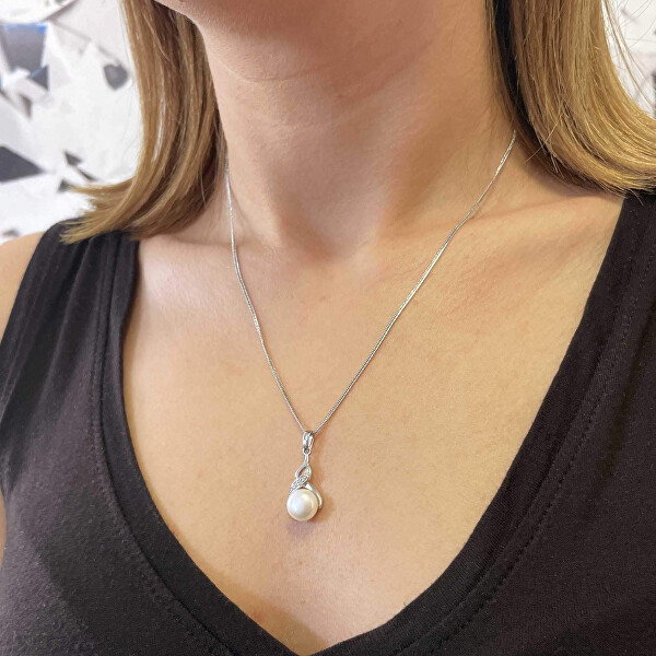 Luxusní stříbrná souprava s pravými perlami a zirkony 29054.1B (náušnice, řetízek, přívěsek)