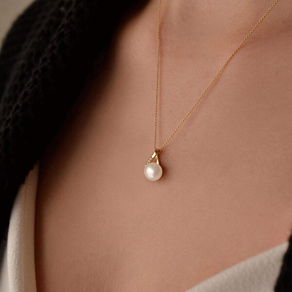 Luxusný zlatý náhrdelník s pravou perlou a briliantmi 92PB00029