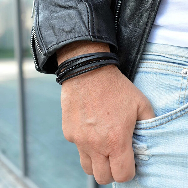 Pánský koženkový náramek s korálky 43030.3 černý