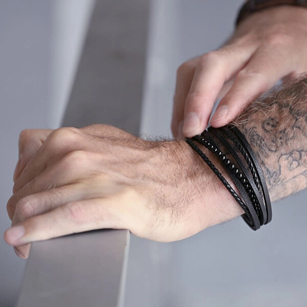 Pánský koženkový náramek s korálky 43030.3 černý