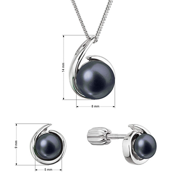 Sada stříbrných šperků s černými říčními perlami 29063.3B black (náušnice, řetízek, přívěsek)