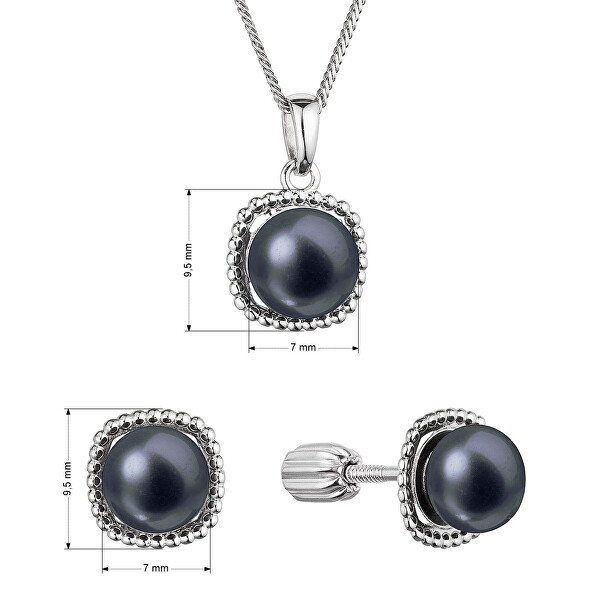 Sada stříbrných šperků s černými říčními perlami 29065.3B black (náušnice, řetízek, přívěsek)