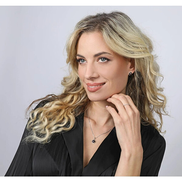 Sada stříbrných šperků s černými říčními perlami 29065.3B black (náušnice, řetízek, přívěsek)