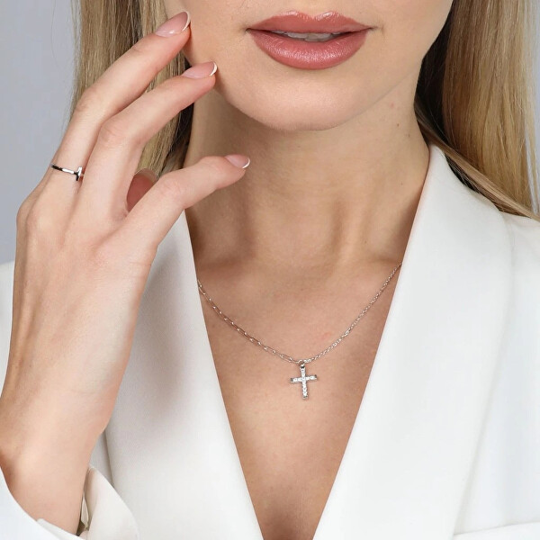Stylový stříbrný náhrdelník Kříž se zirkony 12100.1 crystal